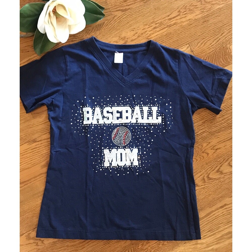 Baseball Mom Womens T Shirt Rhinestone Size Small Navy Blue short sleeve EUC